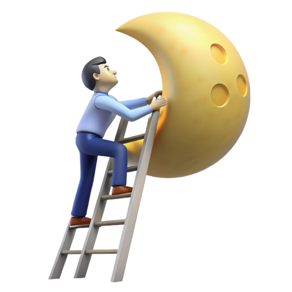 stunning contemporary 3D Illustration Man Climbing Ladder to Moon high resolution png