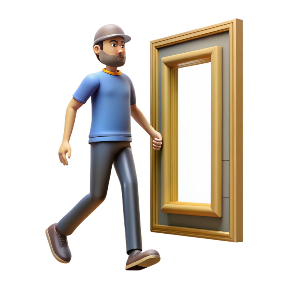 impressive rustic 3D Cartoon Man Opens Door Illustration authentic png