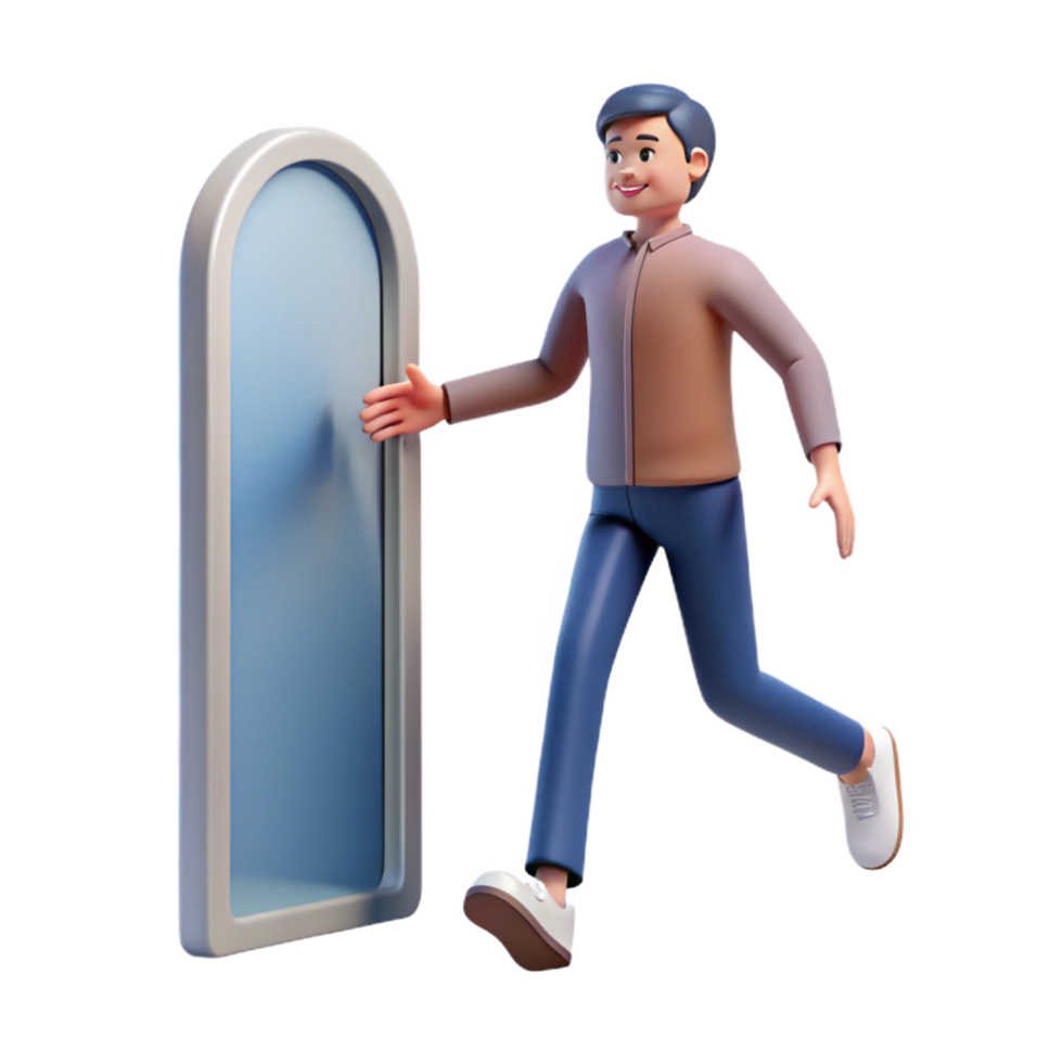 beautiful vintage 3D Cartoon Man Walking Towards Mirror Illustration high resolution png