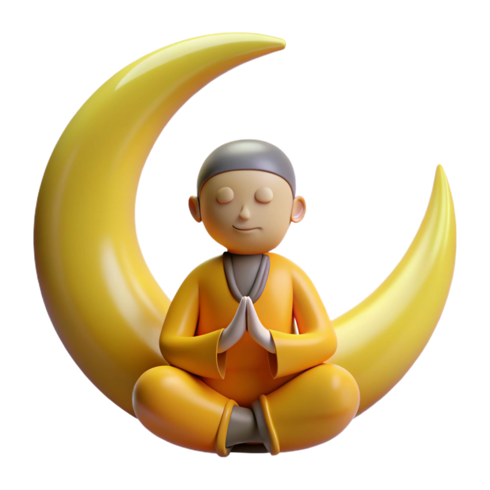 wonderful rustic 3D Render Monk Meditating Crescent Moon authentic png