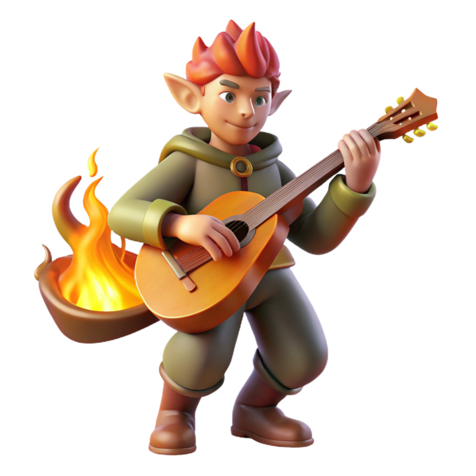 extraordinary contemporary 3D Render Elf Musician Playing Guitar by Campfire high resolution png