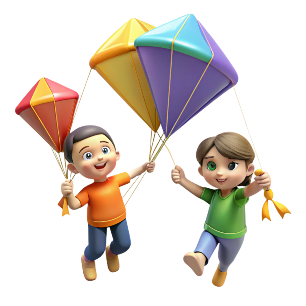 extraordinary minimalist Joyful Kids 3D Illustration Flying Kites detailed png