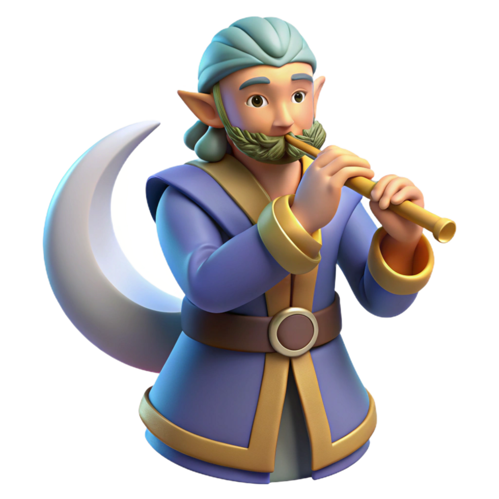 wonderful minimalist 3D Fantasy Elf Musician Playing Flute genuine png