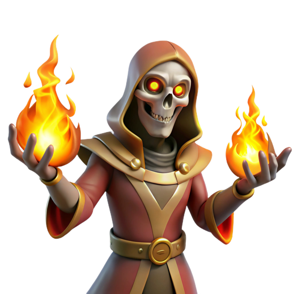 extraordinary abstract 3D Render Skeleton Wizard with Fire original png