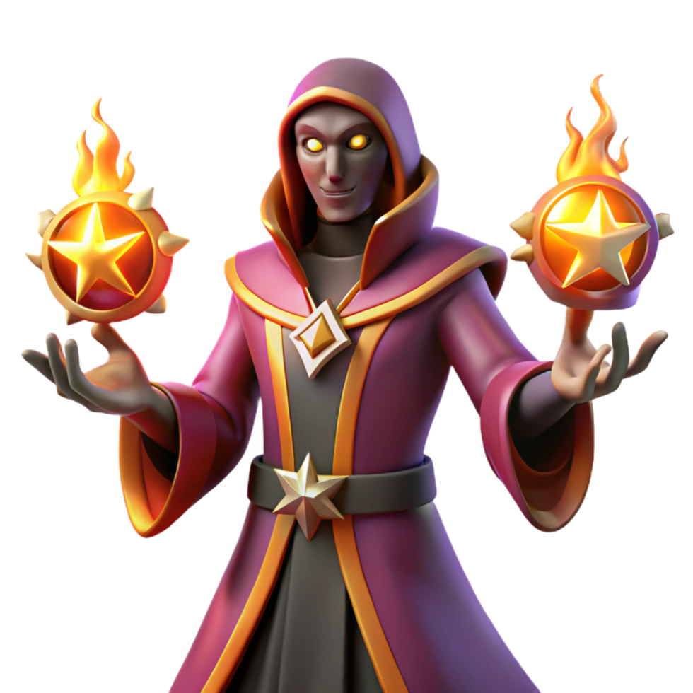 serene classic 3D Render Wizard with Flaming Stars exclusive png