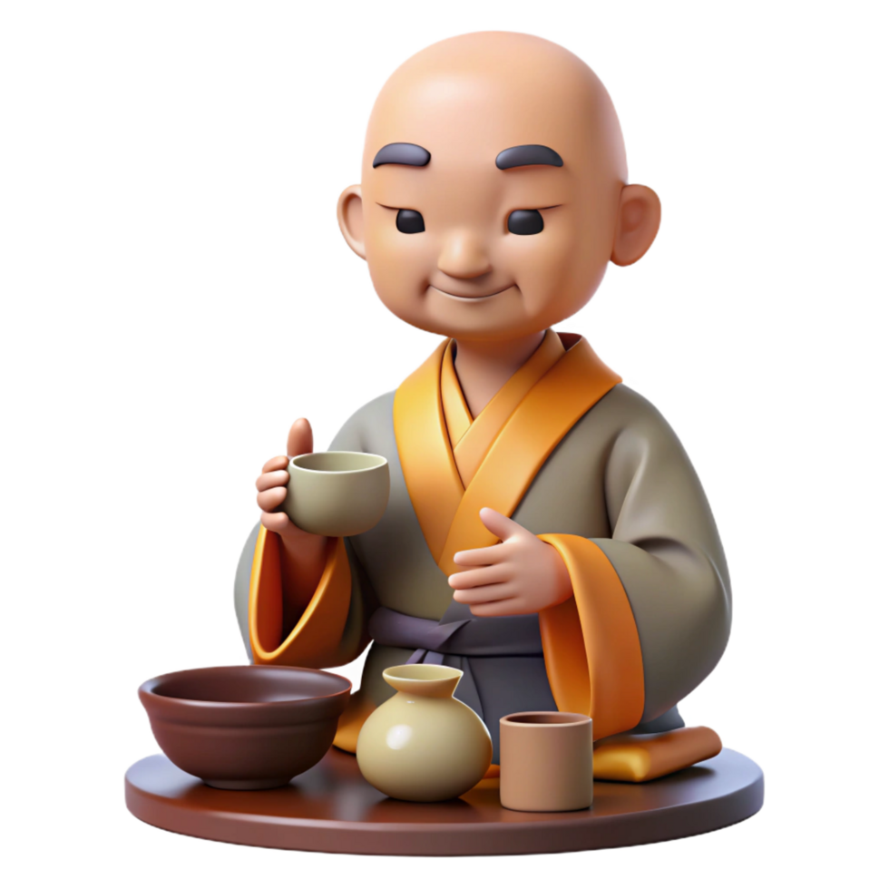 magnificent vintage 3D Monk Tea Ceremony Illustration detailed png