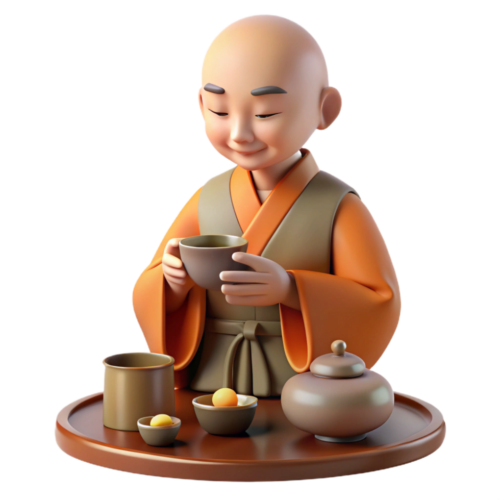 dramatic vintage 3D Monk Enjoying Tea Ceremony Illustration original png