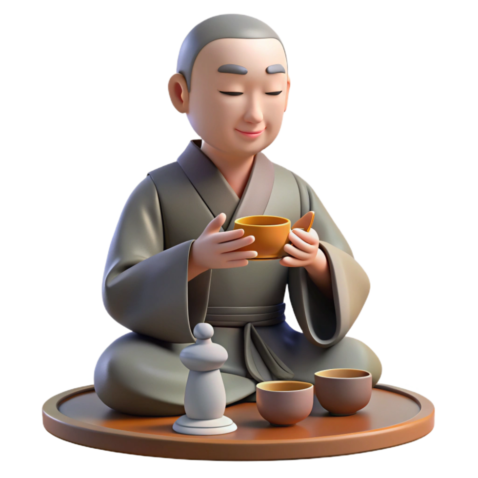 elegant artistic 3D Monk Tea Ceremony Illustration high resolution png