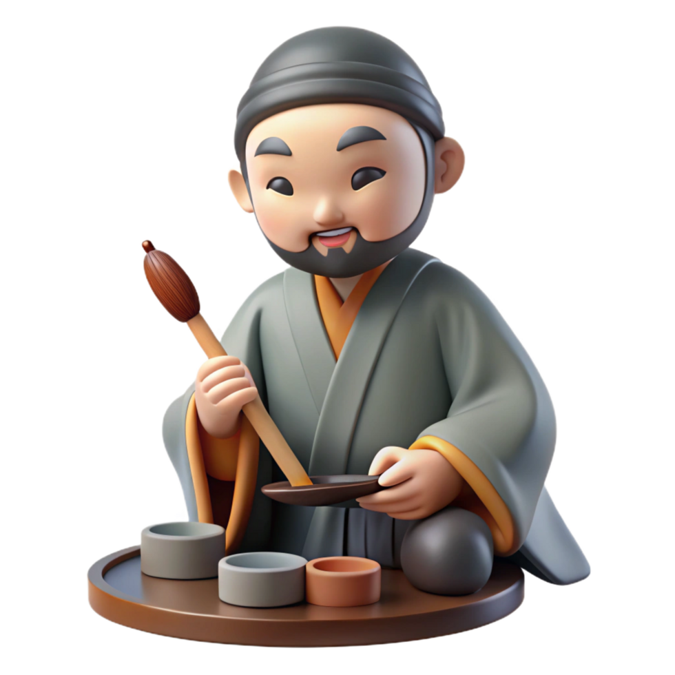 extraordinary vintage 3D Render Asian Ink Artist Figure premium png