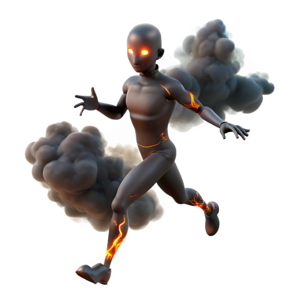 dramatic vintage 3D Render of Running Boy with Fire detailed png