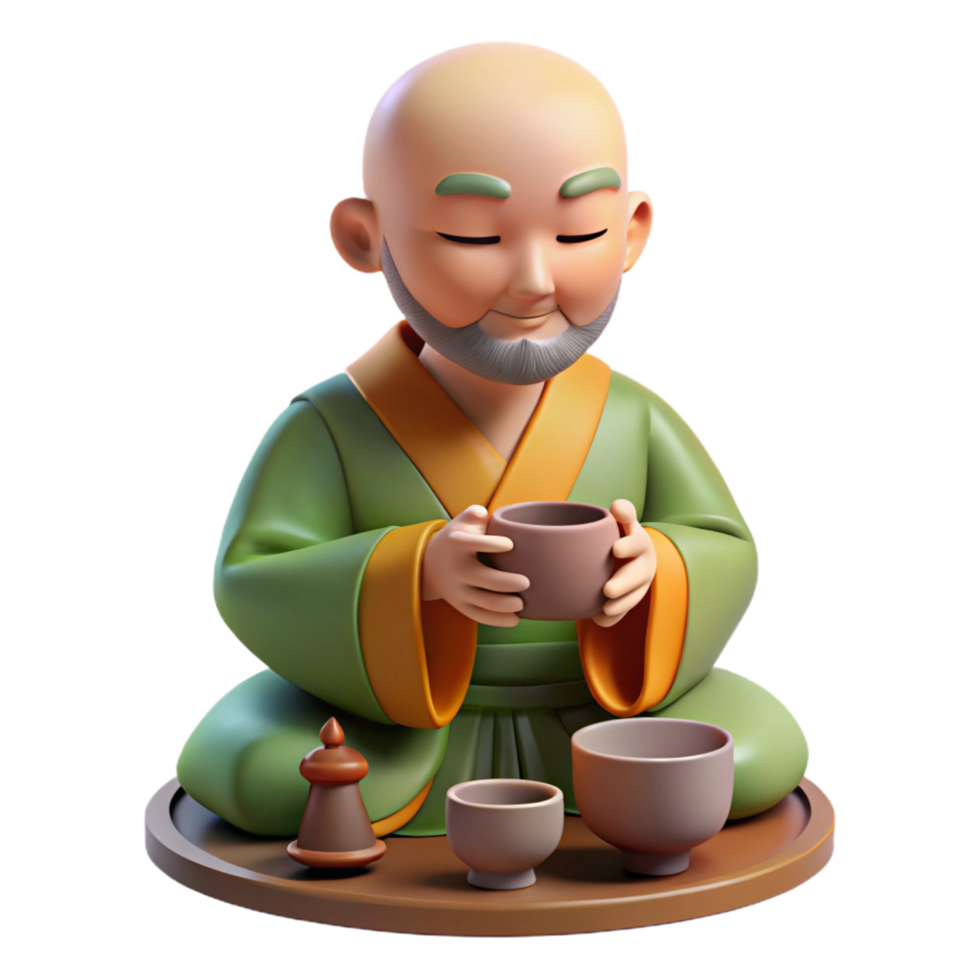 serene creative 3D Monk Tea Ceremony Illustration 4K png
