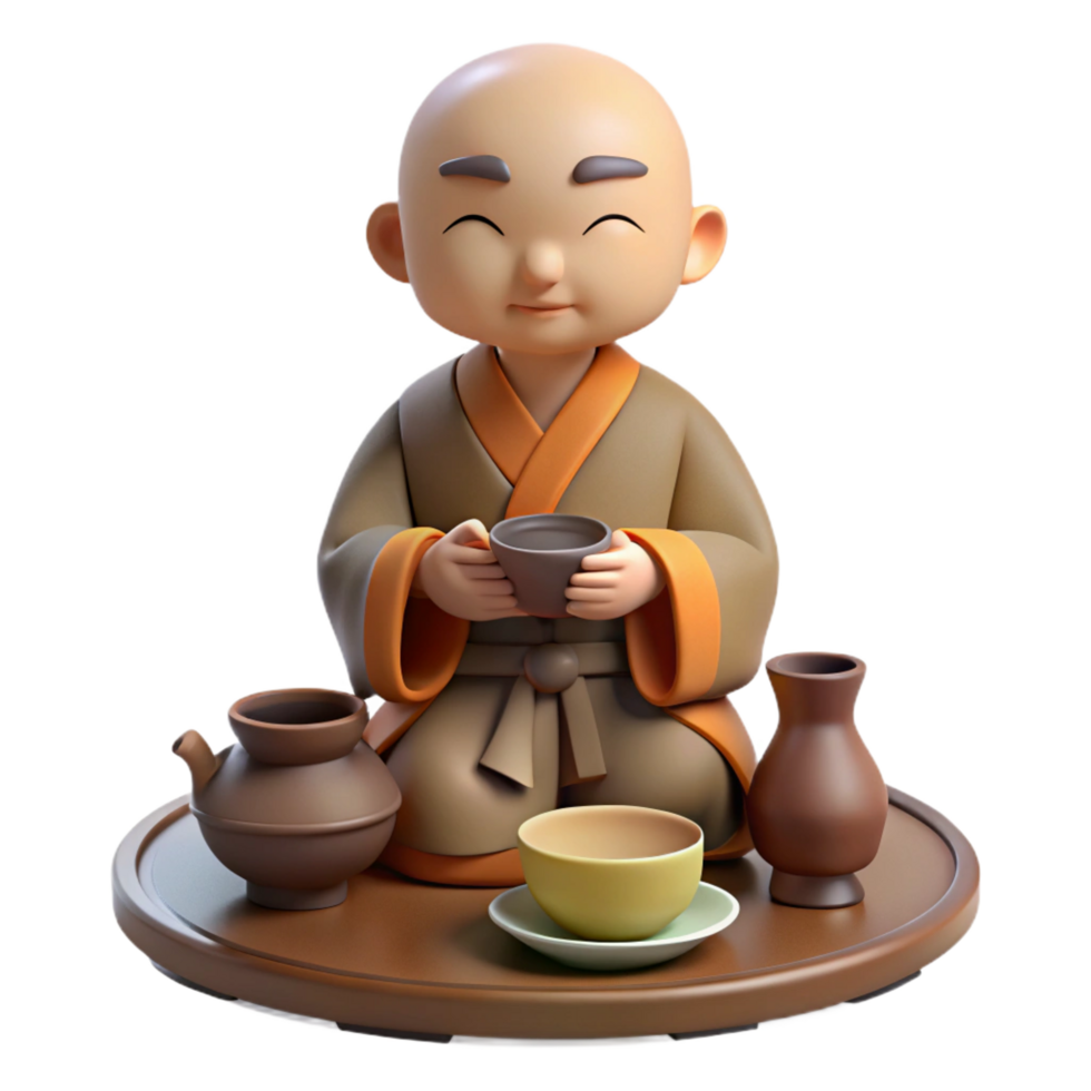 elegant modern 3D Monk Enjoying Tea Ceremony Illustration original png