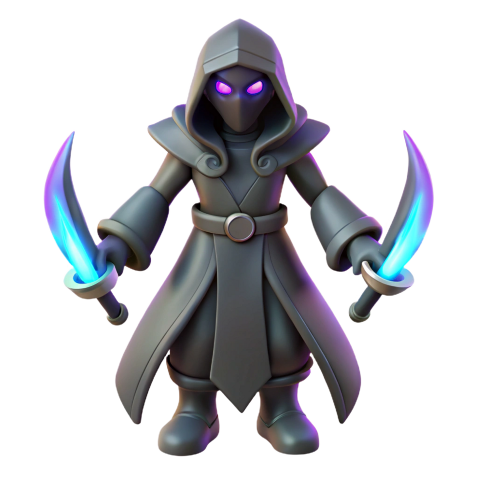 elegant rustic 3D Render Dark Hooded Figure with Glowing Swords authentic png