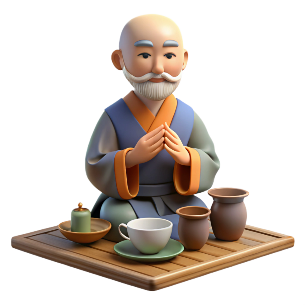magnificent minimalist 3D Monk Tea Ceremony Illustration authentic png