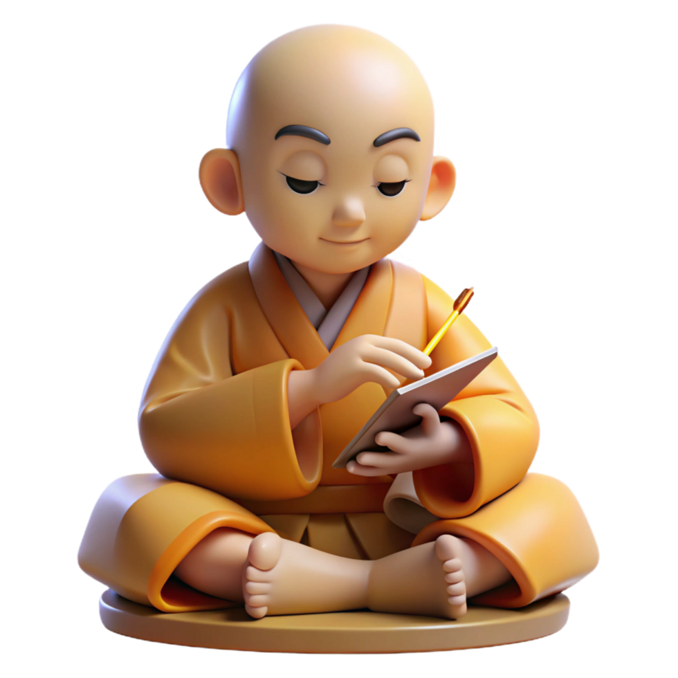 impressive creative 3D Monk Illustration Writing in Notebook original png