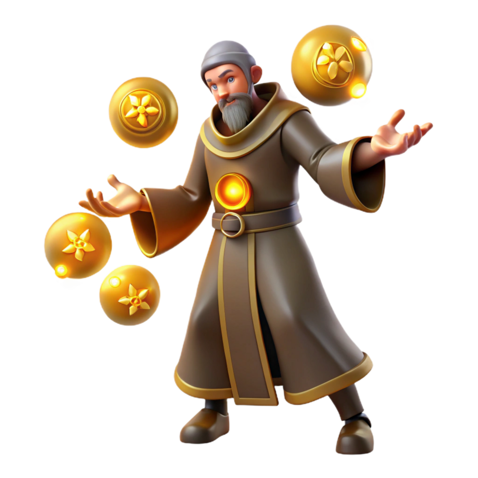 magnificent creative 3D Illustration of a Wizard Juggling Orbs premium png