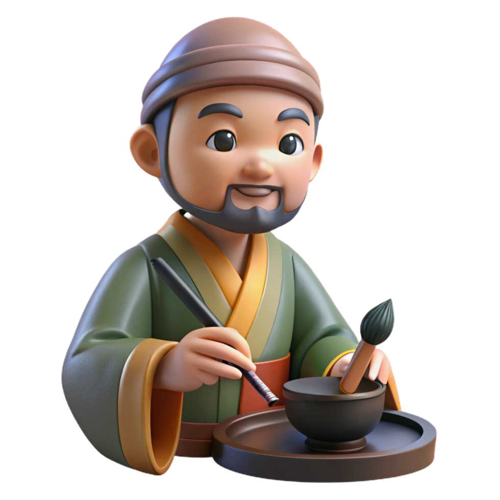 serene classic 3D Cartoon Asian Calligrapher Illustration original png