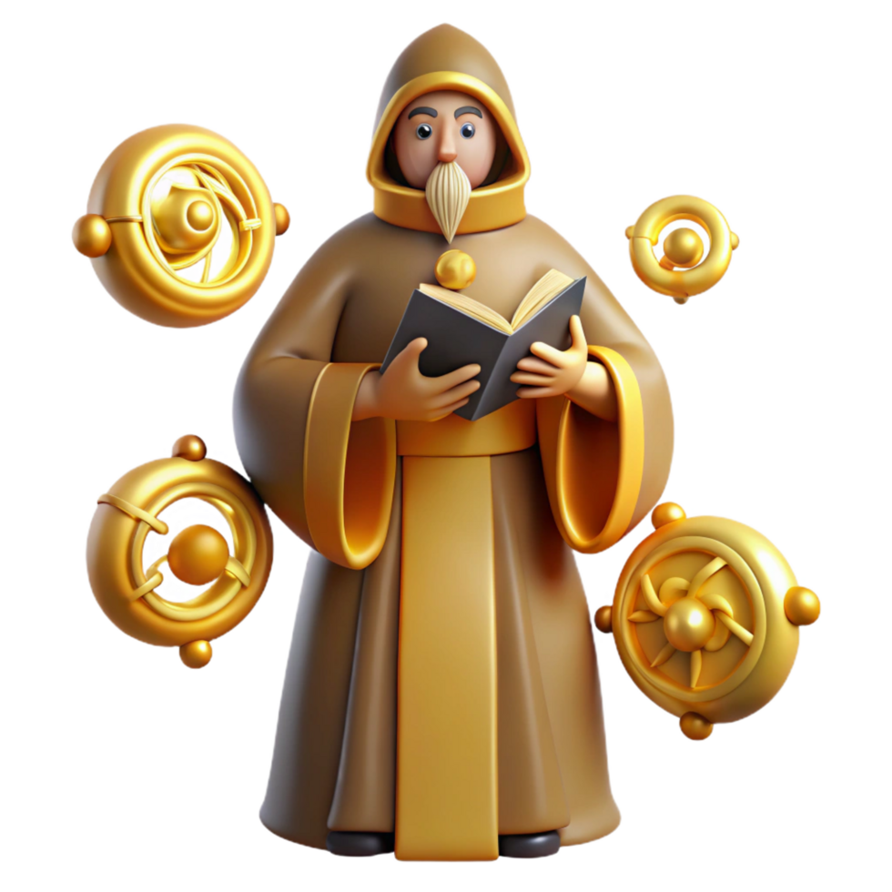 beautiful creative 3D Illustration Wise Monk Reading Ancient Book detailed png