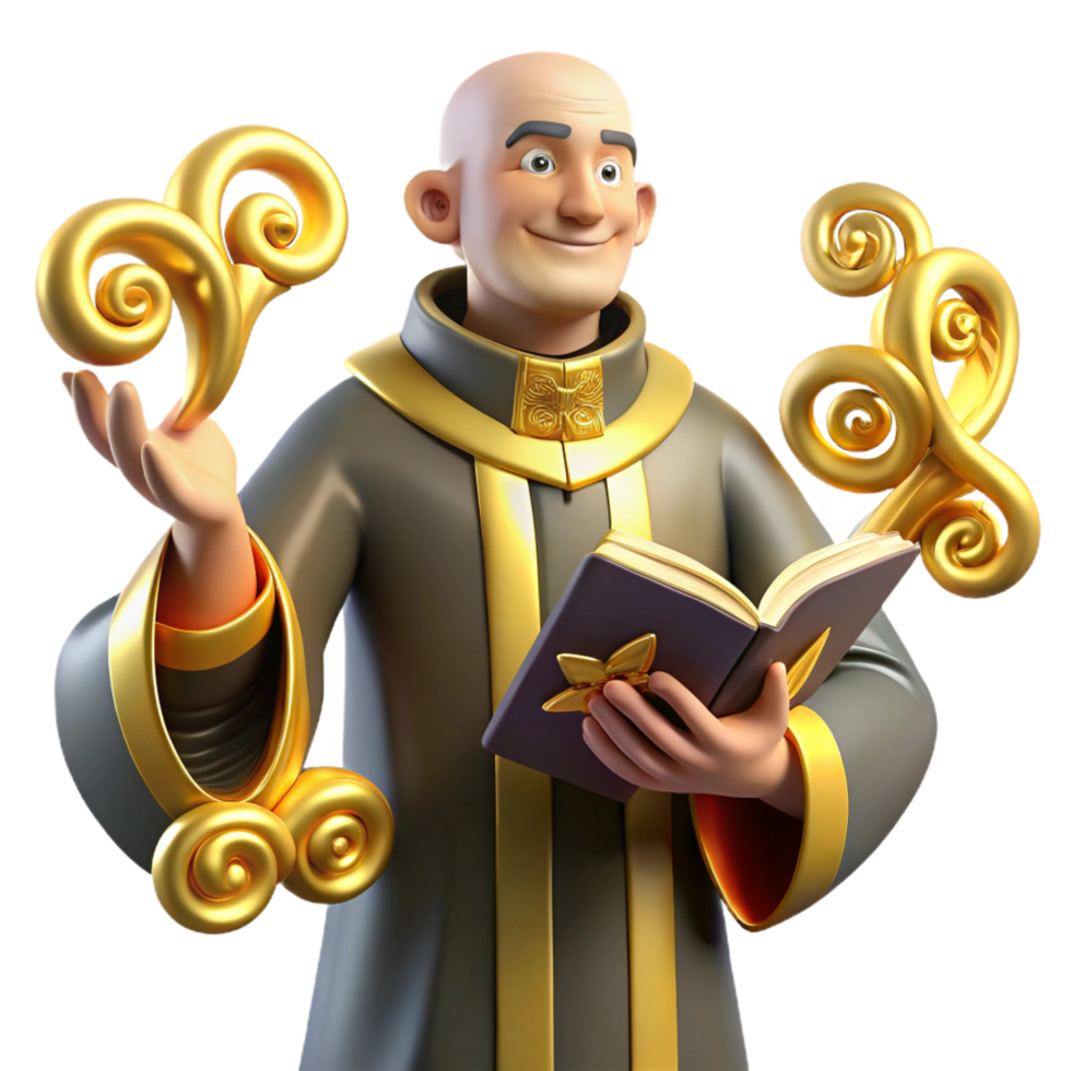 magnificent vintage 3D Cartoon Wizard with Book and Golden Scrolls 4K png