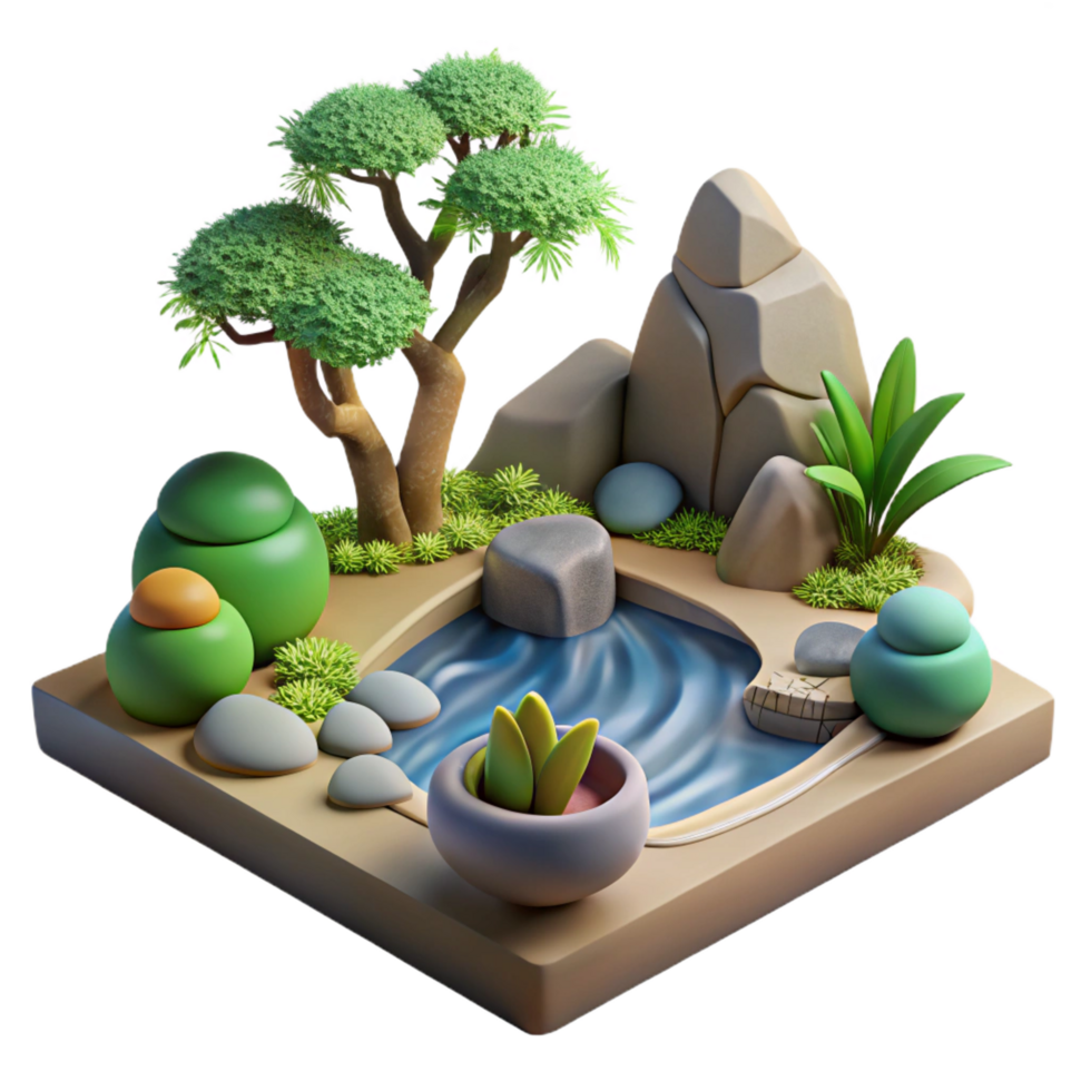 beautiful contemporary 3D Zen Garden Illustration Tranquil Pond, Bonsai Tree professional png