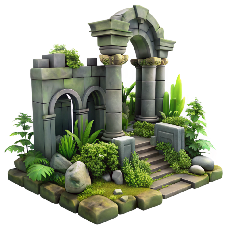 dramatic abstract 3D Render Lush Greenery Overgrown Ruins authentic png