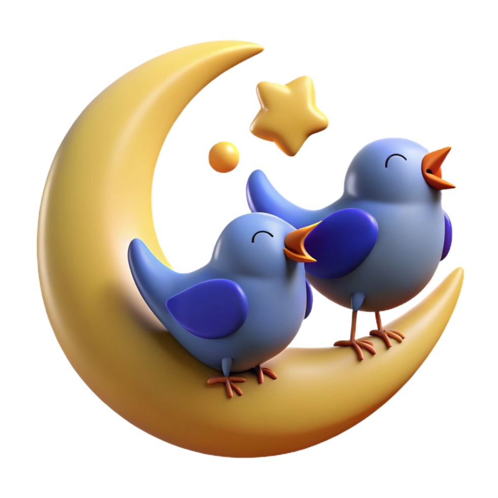 wonderful creative Cute Birds on Crescent Moon 3D Render premium png