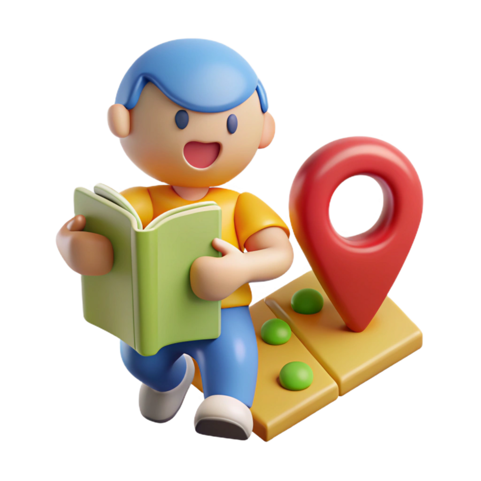 dramatic artistic 3D Illustration Child Reading Book near Location Pin authentic png