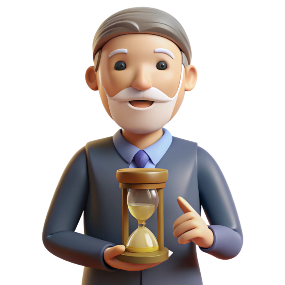 serene artistic 3D Cartoon Senior Holding Hourglass authentic png