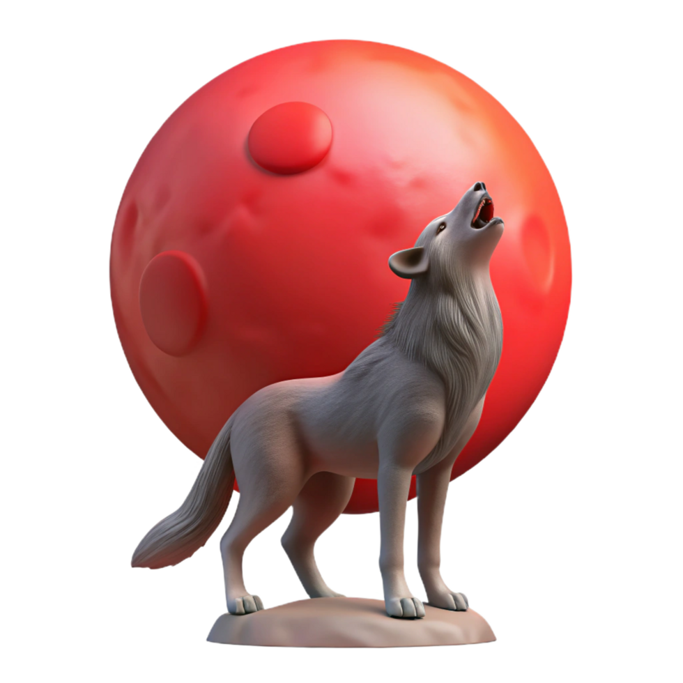 magnificent creative 3D Render Wolf Howling at Red Moon detailed png