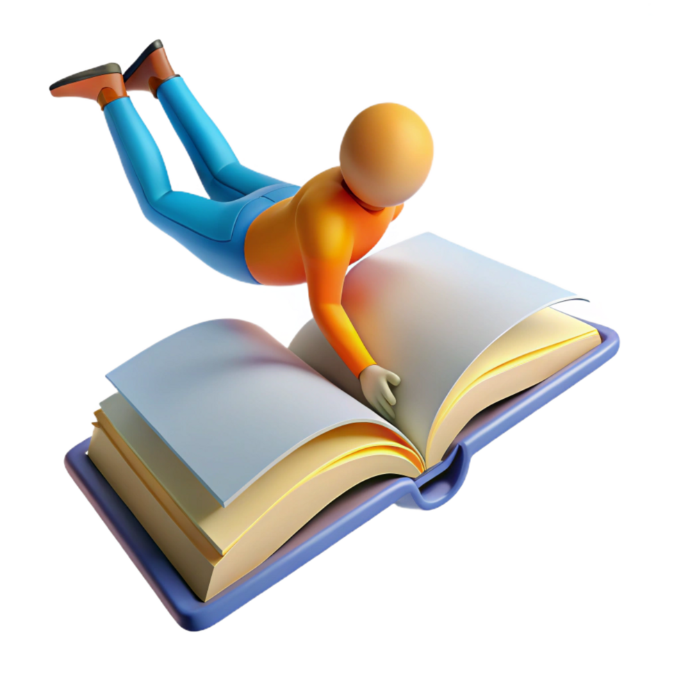impressive traditional 3D Illustration Character Flying on Open Book high resolution png