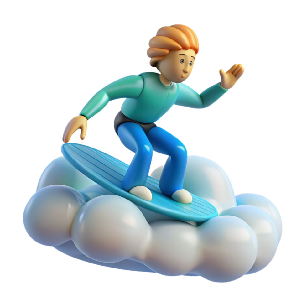 beautiful rustic 3D Cartoon Surfer on Cloud Illustration detailed png