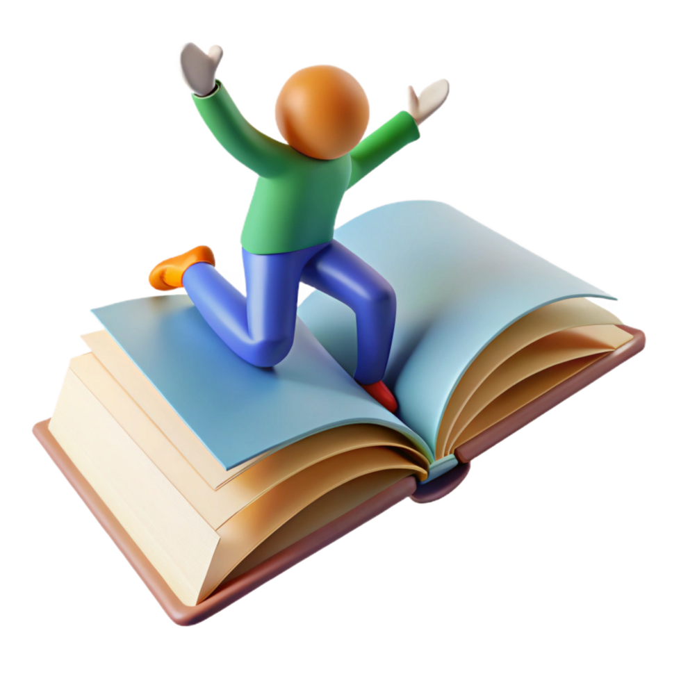 stunning modern 3D Illustration Joyful Reader on Open Book high resolution png