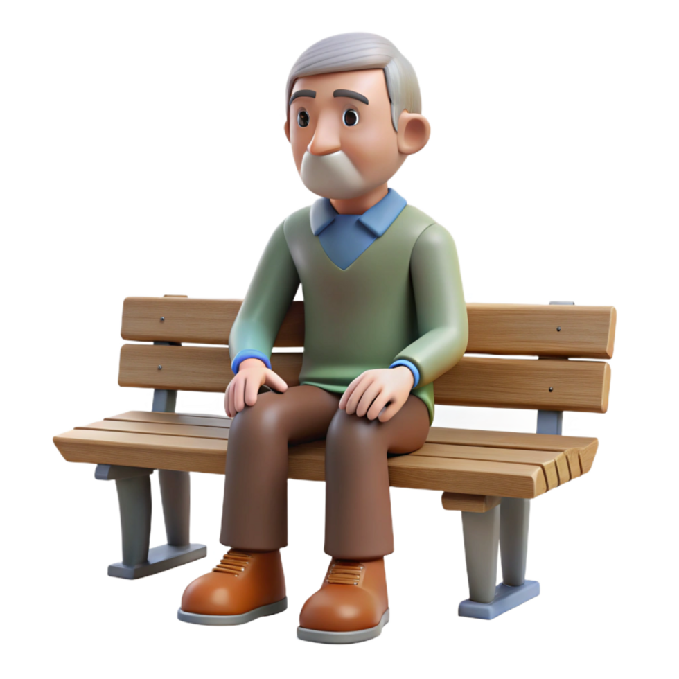 beautiful classic 3D Cartoon Senior on Bench Illustration high quality png