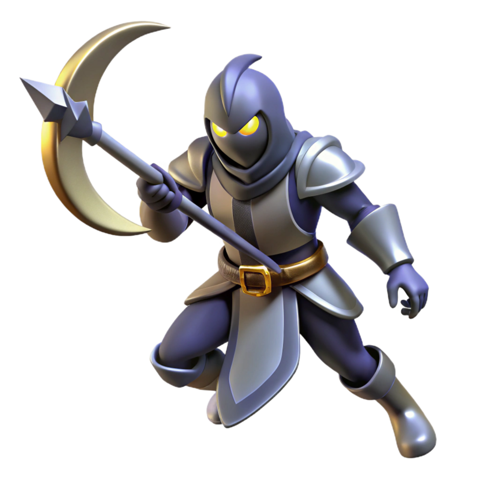 beautiful artistic 3D Render Cartoon Knight with Crescent Moon Weapon professional png
