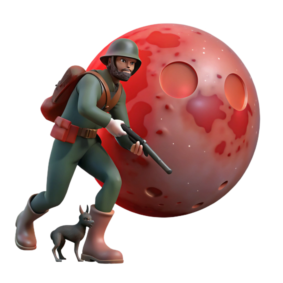 beautiful traditional 3D Render Soldier and Dog near Planet high resolution png