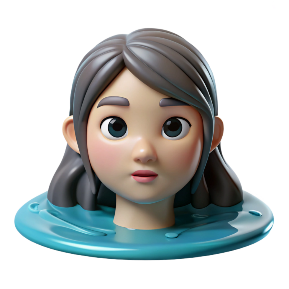 beautiful traditional 3D Cartoon Girl Head in Water Illustration original png