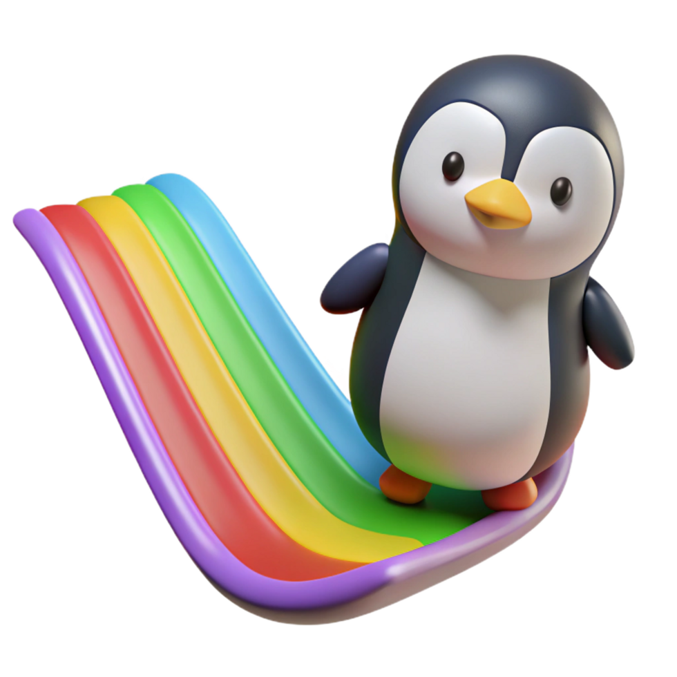 serene classic Cute Penguin Slides on Rainbow 3D Render premium png