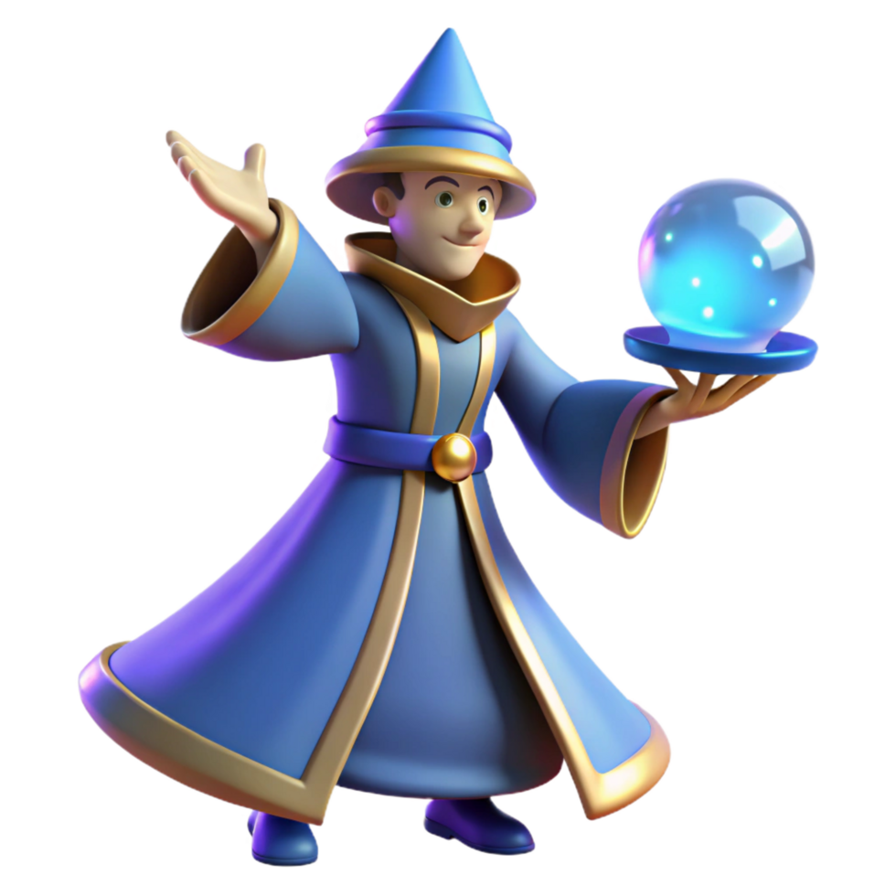magnificent rustic 3D Cartoon Wizard with Crystal Ball 4K png