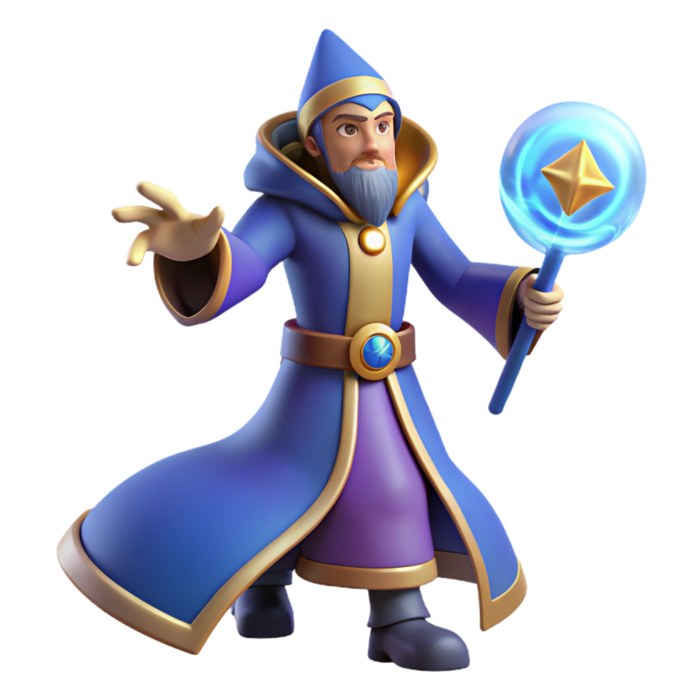 elegant artistic Wizard 3D Render Fantasy Mage with Staff high quality png