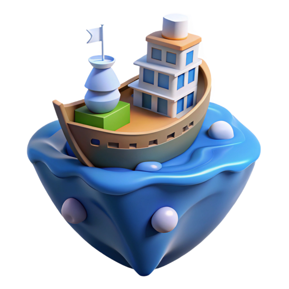 wonderful classic 3D Cartoon Ship on Abstract Ocean premium png