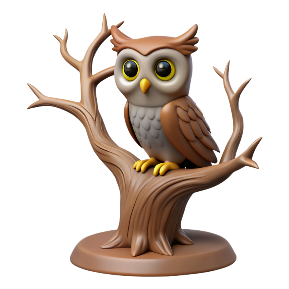 wonderful rustic 3D Cartoon Owl on Tree Branch Illustration high resolution png