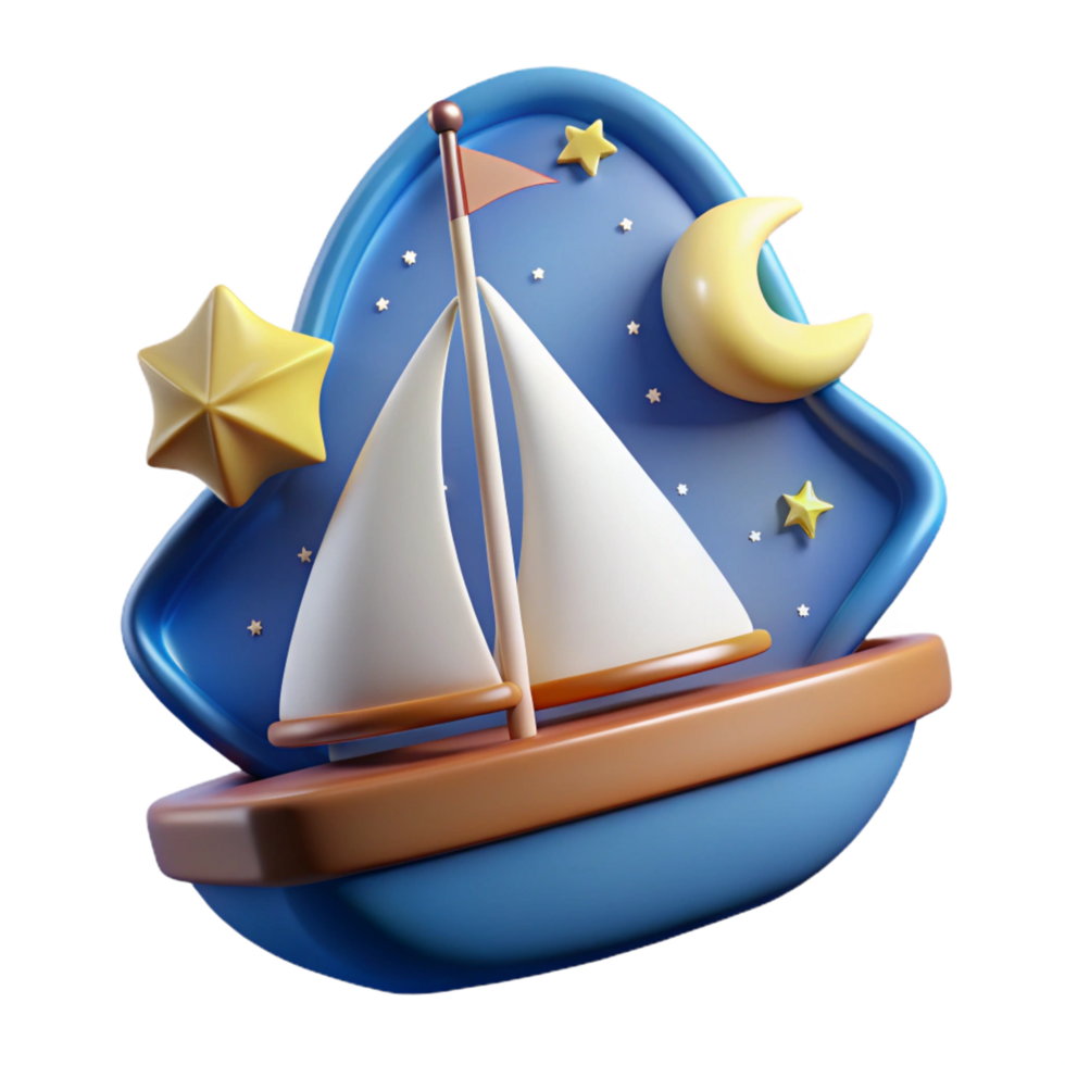 serene classic 3D Cartoon Sailboat Night Sky Illustration authentic png