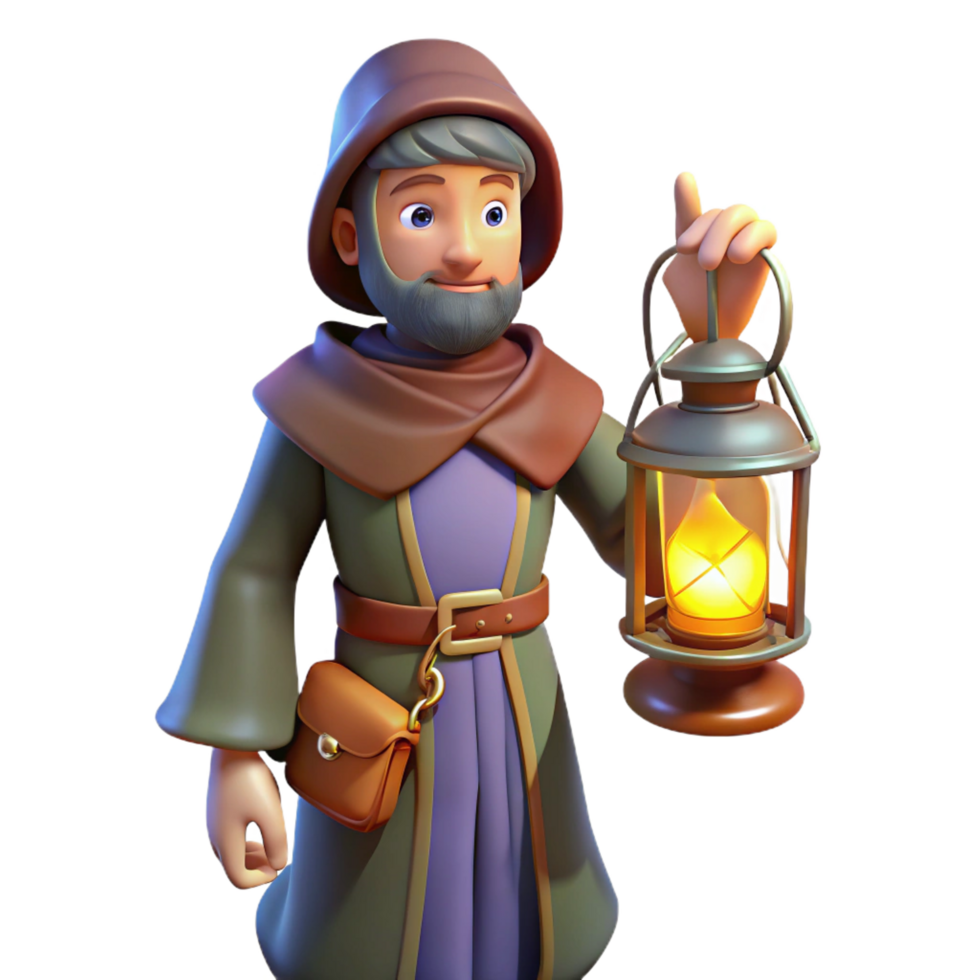 stunning rustic 3D Cartoon Monk with Lantern Illustration premium png