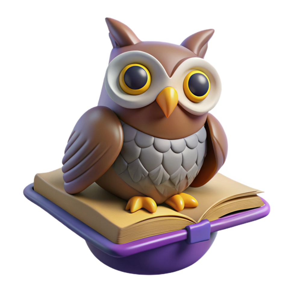 beautiful classic 3D Render Cartoon Owl on Book high quality png