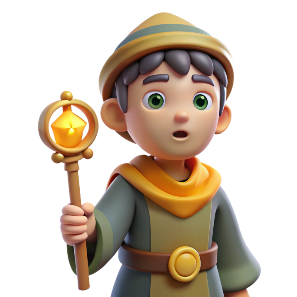 impressive rustic 3D Render Boy Wizard Magical Staff authentic png