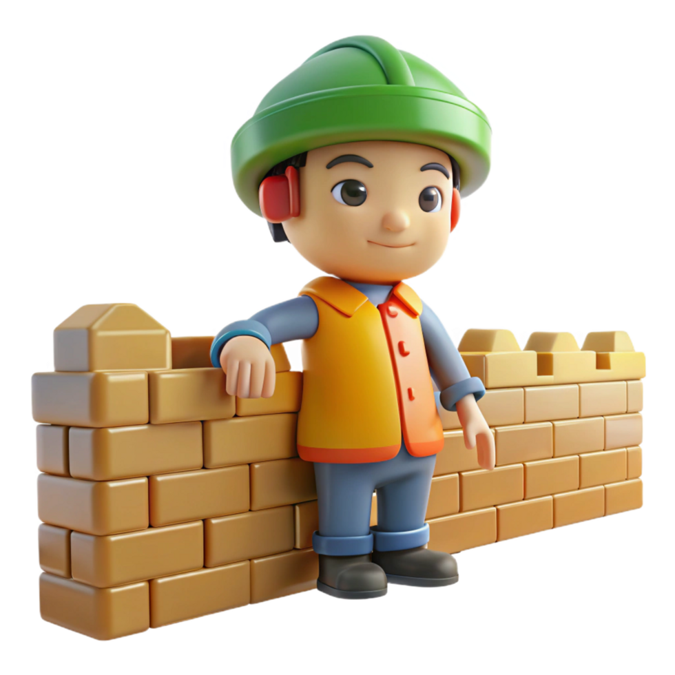 magnificent minimalist 3D Cartoon Construction Worker by Brick Wall detailed png