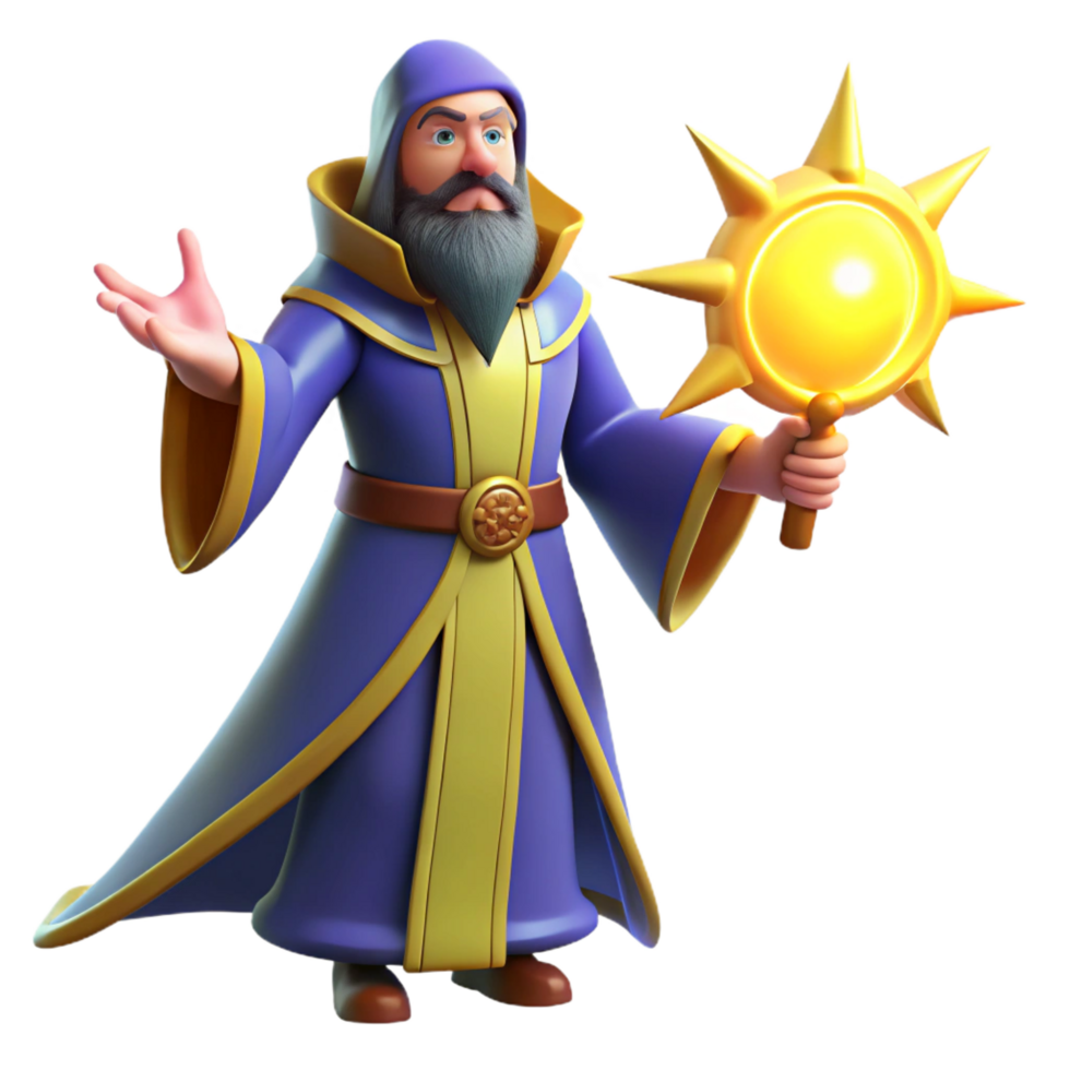 vibrant artistic 3D Cartoon Wizard with Sun Orb high resolution png