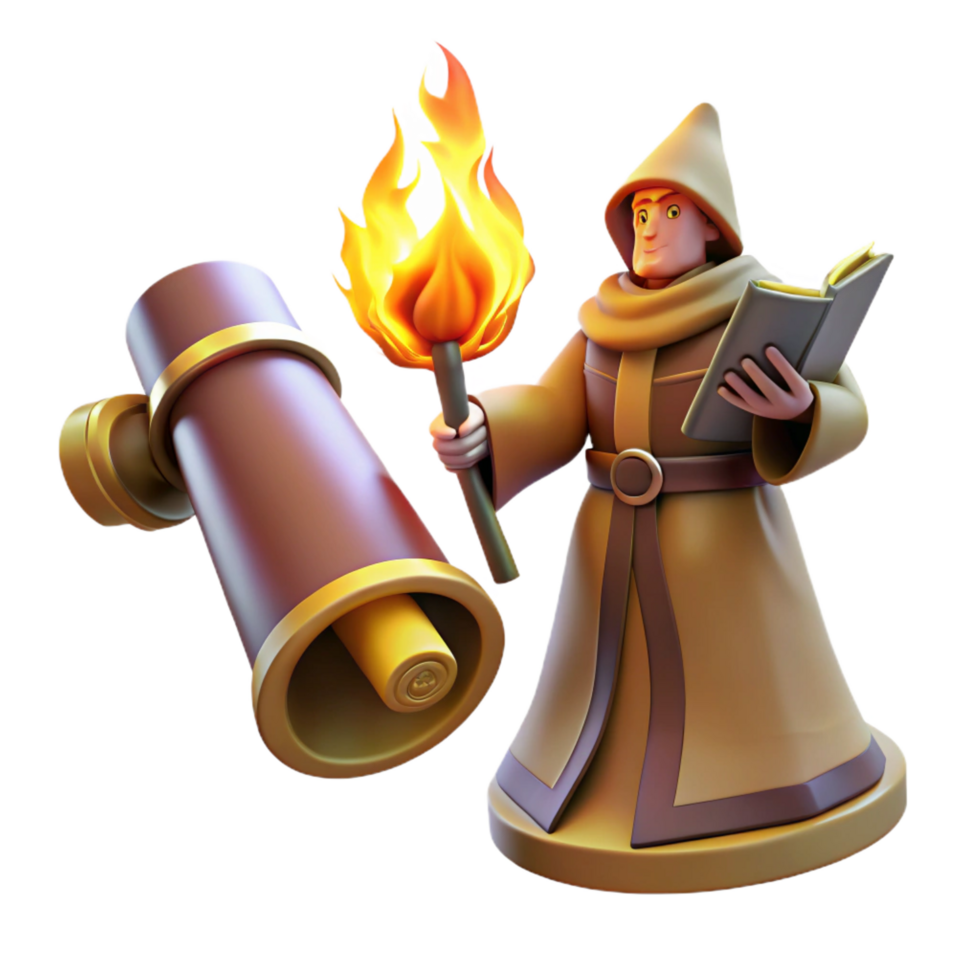 elegant artistic 3D Illustration Monk with Torch and Telescope authentic png