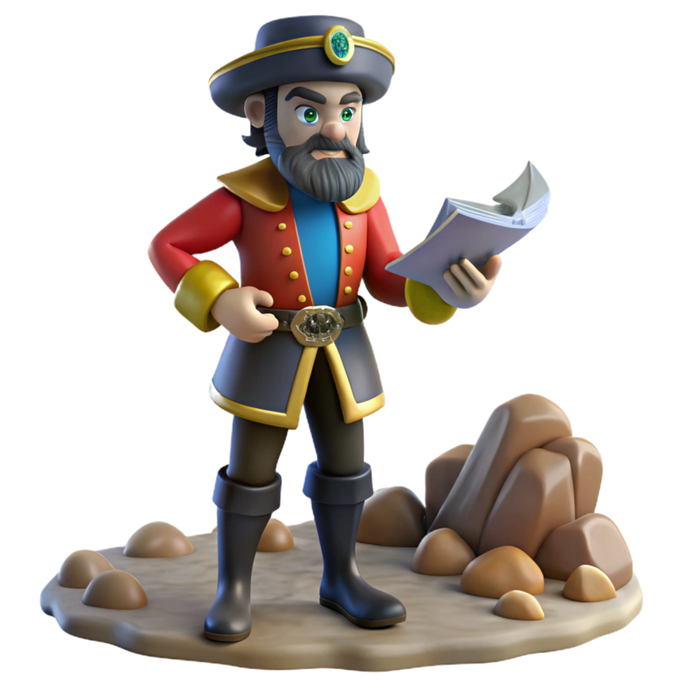serene contemporary 3D Cartoon Pirate Captain Reading Map Illustration genuine png