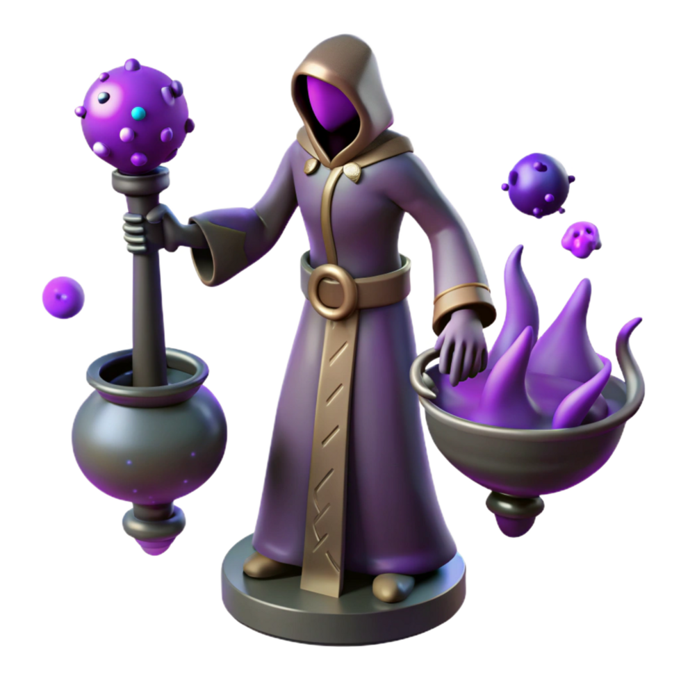 wonderful contemporary 3D Render Purple Wizard with Cauldron detailed png